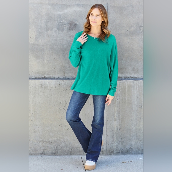 Double Take Turquoise Full Size Round Neck Long Sleeve Warm T-Shirt - Picture 5 of 5